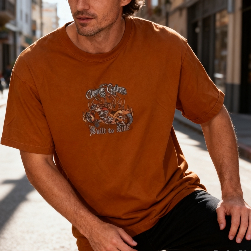 Chopper Culture Orange Motorcycle Graphic T-Shirt Size M Biker Flame Chopper Tee